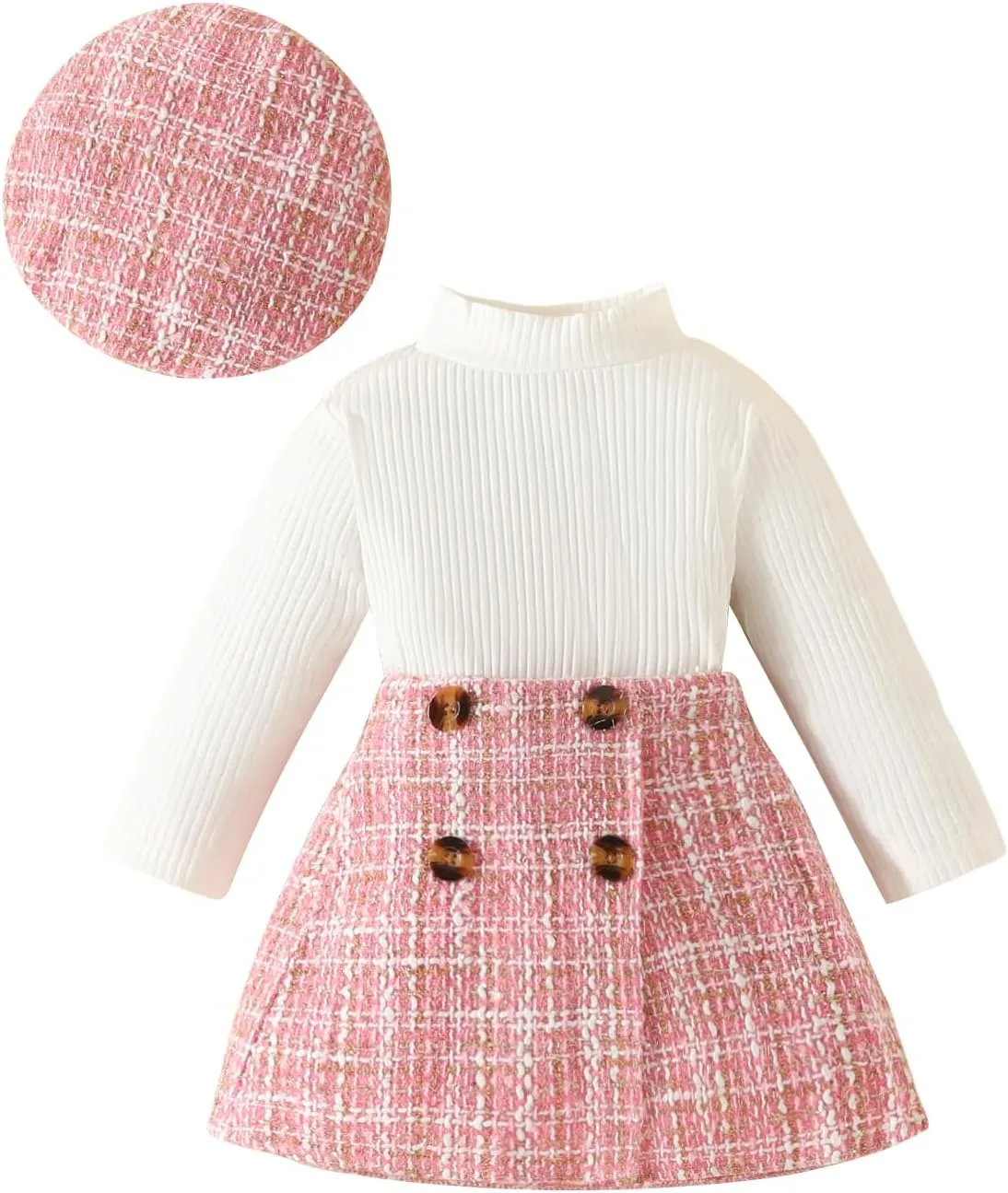 VISGOGO Toddler Girl Skirts Outfit Ribbed Long Sleeve Tops Plaid Tweed Pattern Skirt Beret Baby Fall Winter Clothes