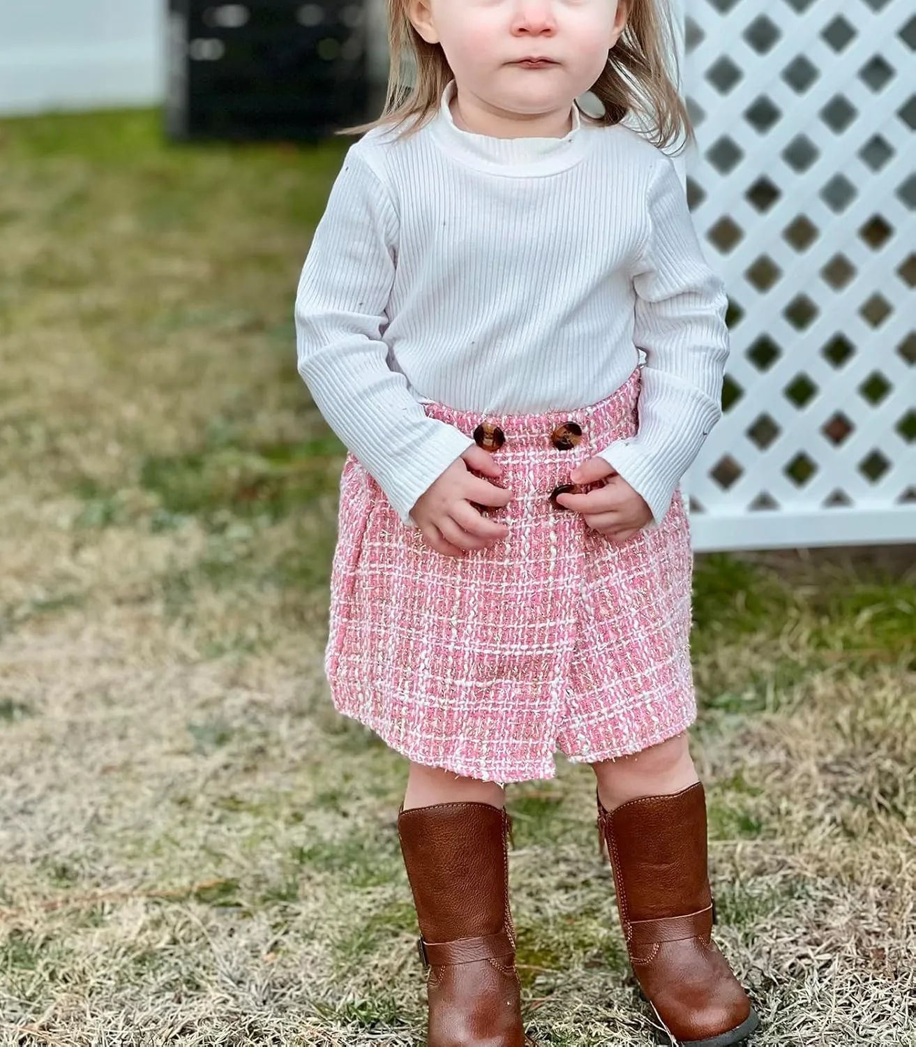 VISGOGO Toddler Girl Skirts Outfit Ribbed Long Sleeve Tops Plaid Tweed Pattern Skirt Beret Baby Fall Winter Clothes