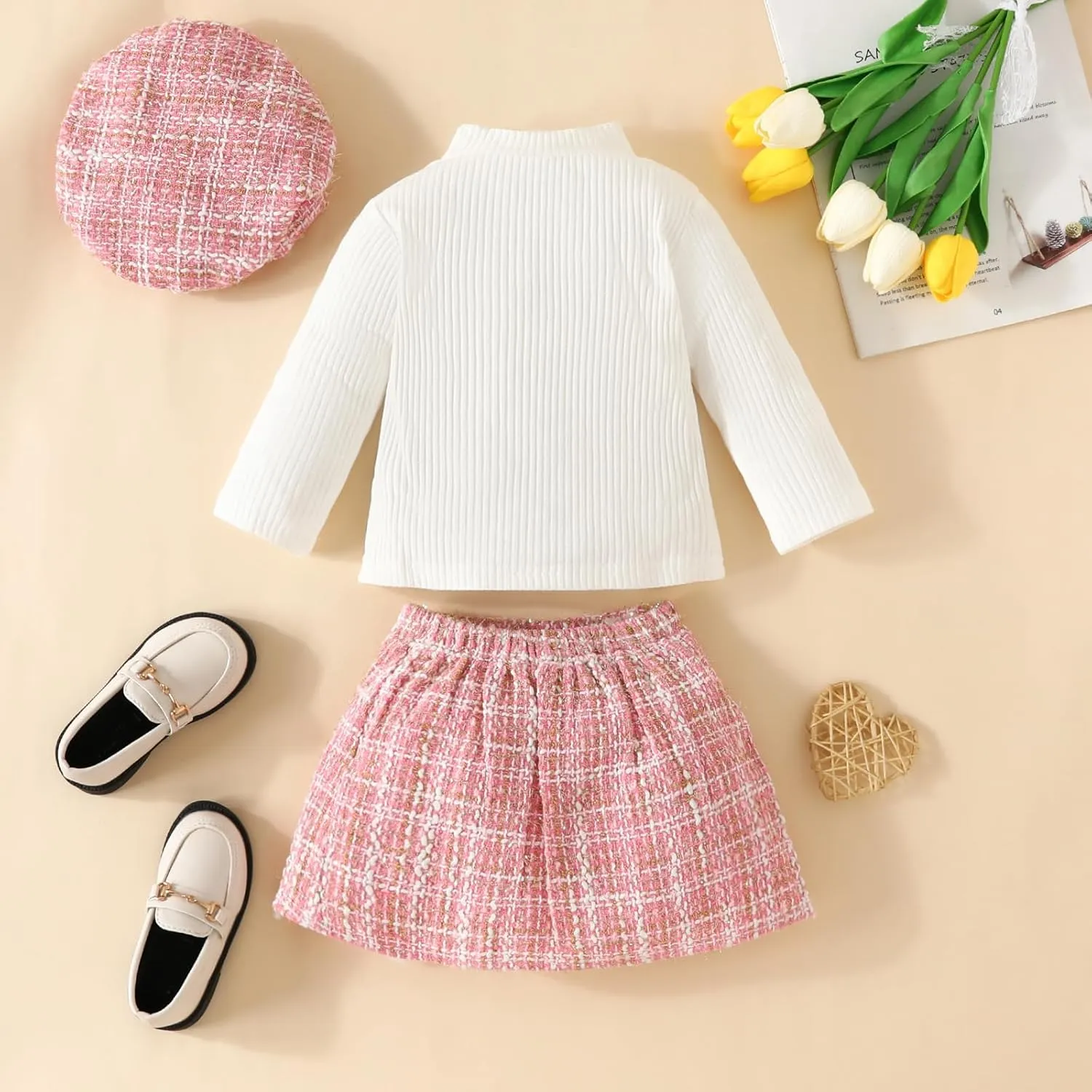 VISGOGO Toddler Girl Skirts Outfit Ribbed Long Sleeve Tops Plaid Tweed Pattern Skirt Beret Baby Fall Winter Clothes