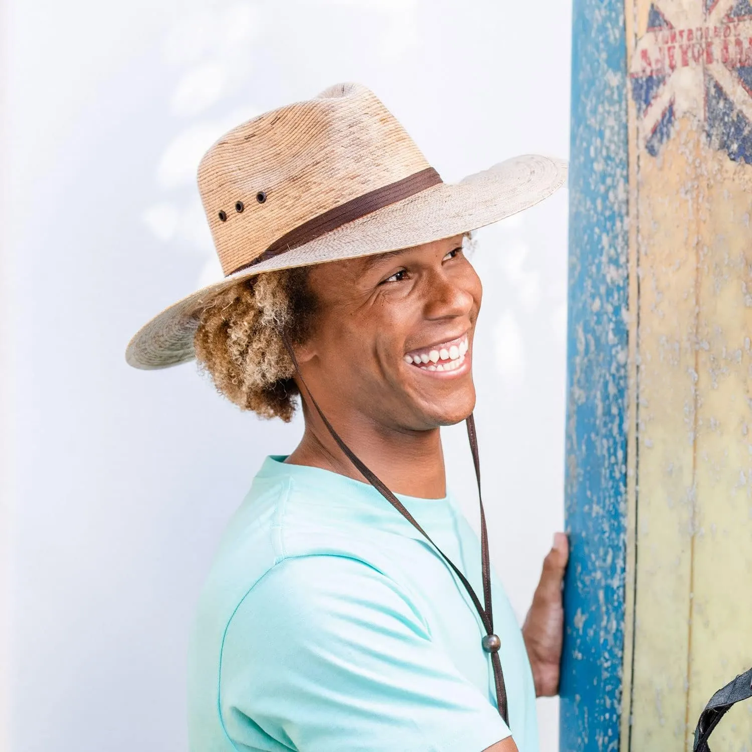 Wallaroo Hat Company Mens Baja Fedora  Natural Wide Brim Straw Surf Sun Hat with Chin Strap and UPF 50  Sun Protection