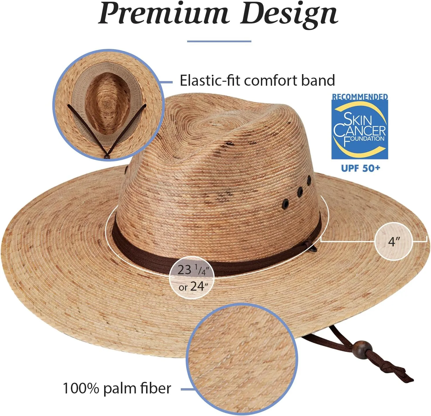 Wallaroo Hat Company Mens Baja Fedora  Natural Wide Brim Straw Surf Sun Hat with Chin Strap and UPF 50  Sun Protection